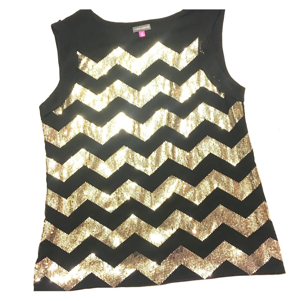 Vince Camuto Black & Silver Chevron Sequin Top